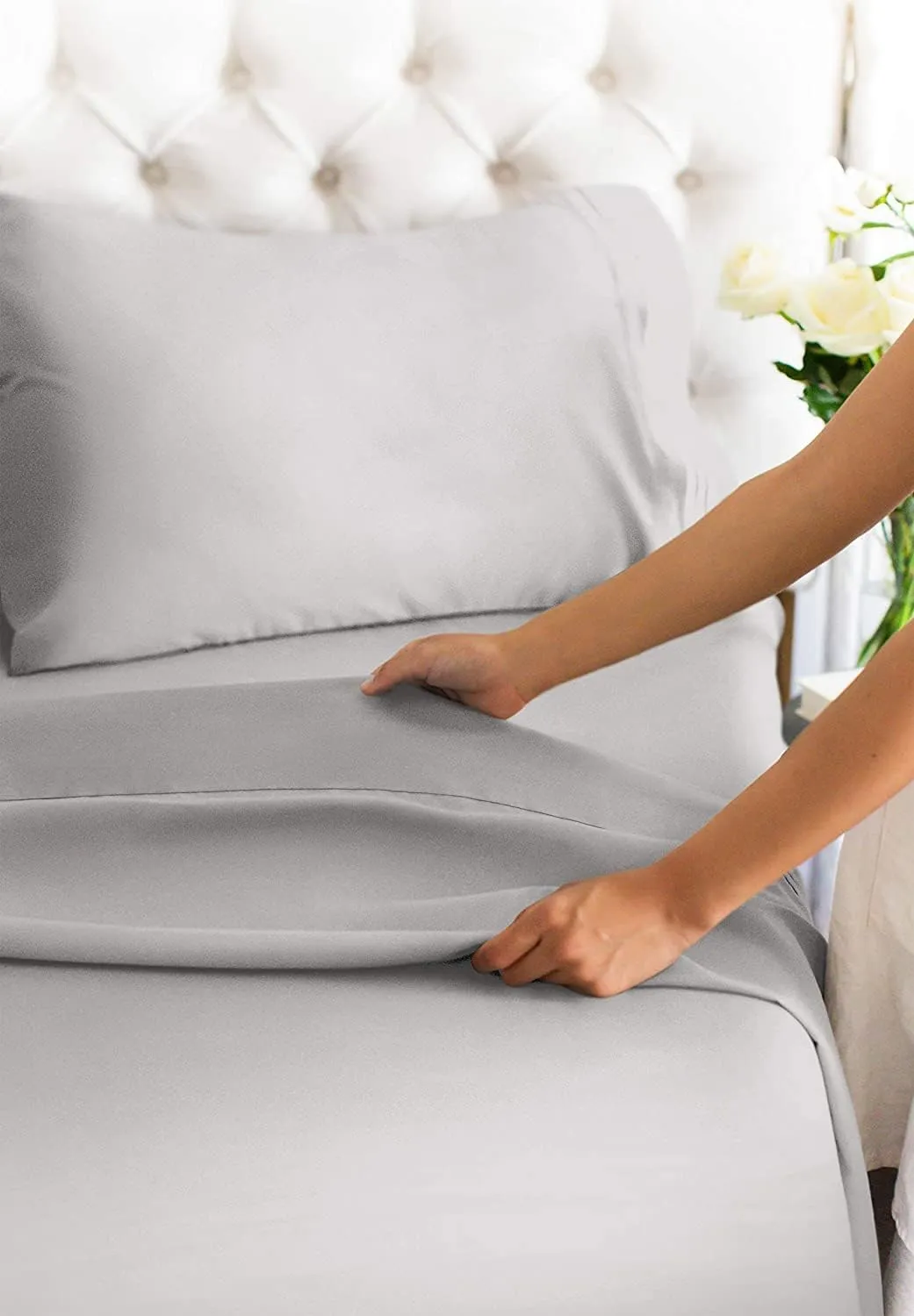 1000 Thread Count Sheet Set - 100% Cotton Bed Sheets - Softer Than Egyptian Cotton - 4-Piece Light Grey Queen Set - Soft Sateen Weave - Hotel Luxury Bedding 16" Deep Pocket (Fits up to 17" Mattresses)
