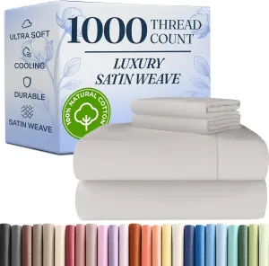 1000 Thread Count Sheet Set - 100% Cotton Bed Sheets - Softer Than Egyptian Cotton - 4-Piece Light Grey Queen Set - Soft Sateen Weave - Hotel Luxury Bedding 16" Deep Pocket (Fits up to 17" Mattresses)