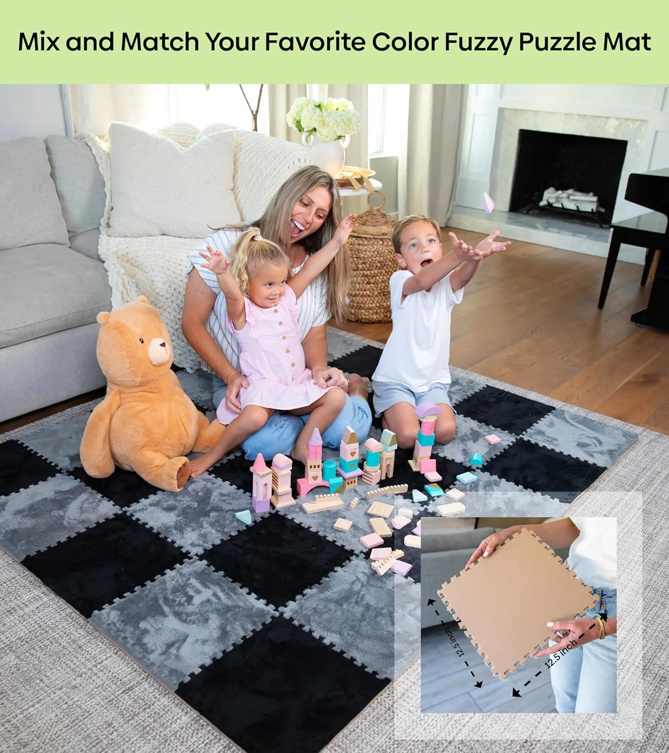 16 Piece Carpet Squares Puzzle Mat 49" x 49" Plush Interlocking Carpet Tiles, Foam Floor Tiles for Baby Play Mat - Kids Soft Play Floor Mats, Anti Slip Jigsaw Flooring Playmat Playroom Rug (Black)