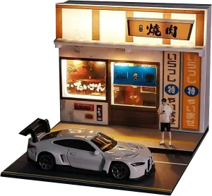 1:64 Japanese Yakiniku Shop Diorama with LED Lights - Miniature Street Scene Display for Diecast Cars & Hot Wheels
