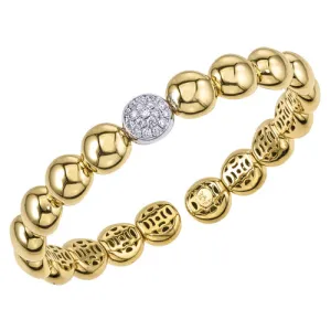 18K YELLOW GOLD FLEXIBLE FLAT BEAD CUFF BRACELET WITH PAVE DIAMOND TOP 0.35CTW