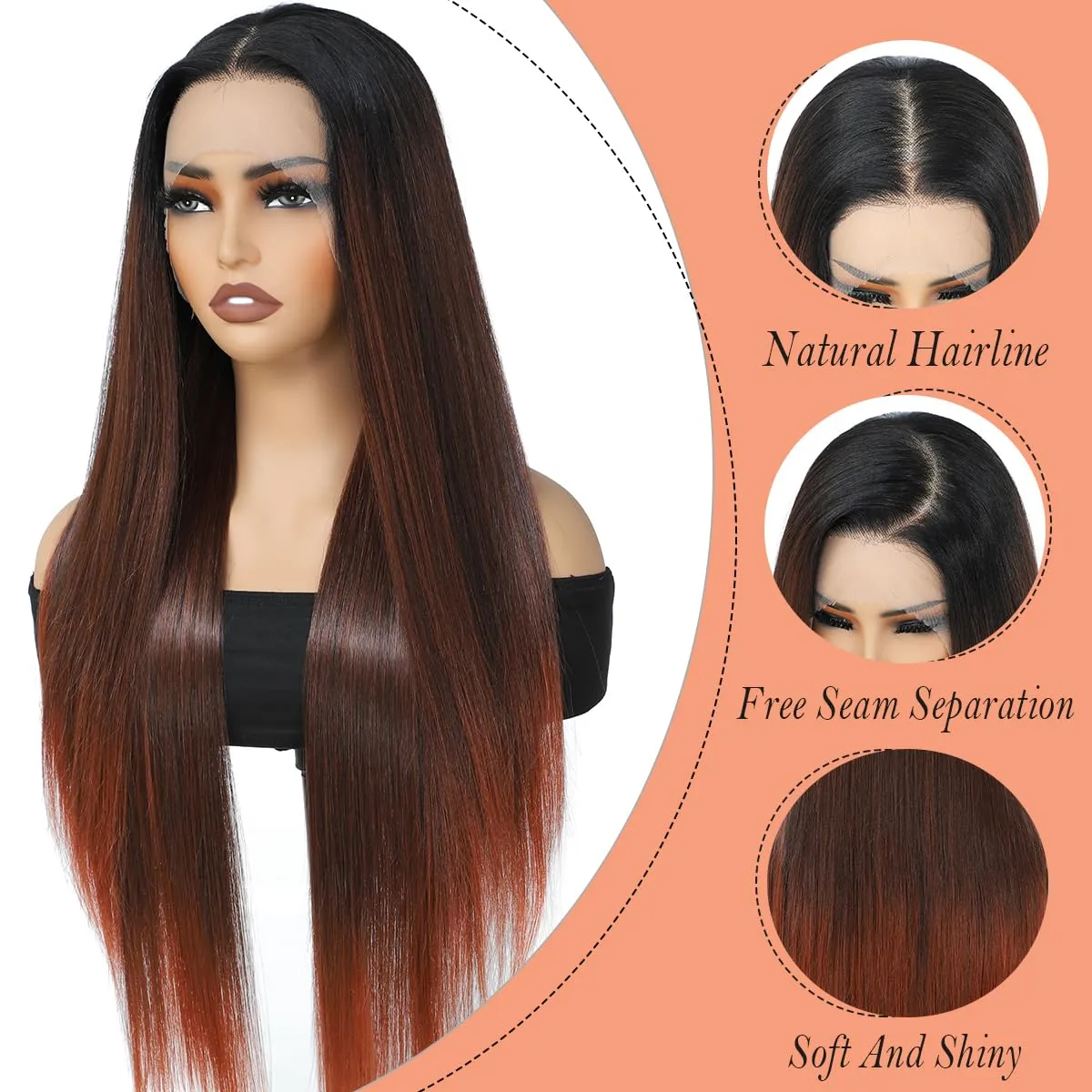 30Inch Synthetic Lace Front Wig 13x4 HD Lace Ombre Reddish Brown with Black Root Long Straight Wigs Heat Resistant Fiber Glueless Synthetic Wigs for Black Women (RH2/10/350)