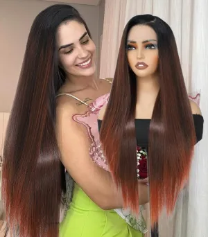 30Inch Synthetic Lace Front Wig 13x4 HD Lace Ombre Reddish Brown with Black Root Long Straight Wigs Heat Resistant Fiber Glueless Synthetic Wigs for Black Women (RH2/10/350)