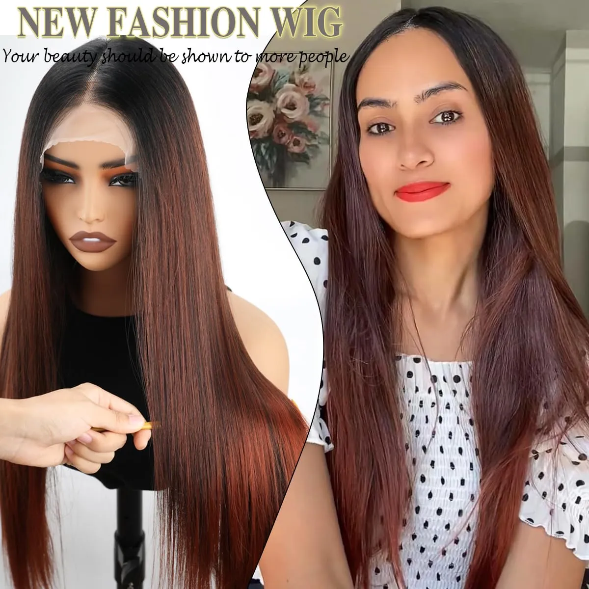 30Inch Synthetic Lace Front Wig 13x4 HD Lace Ombre Reddish Brown with Black Root Long Straight Wigs Heat Resistant Fiber Glueless Synthetic Wigs for Black Women (RH2/10/350)