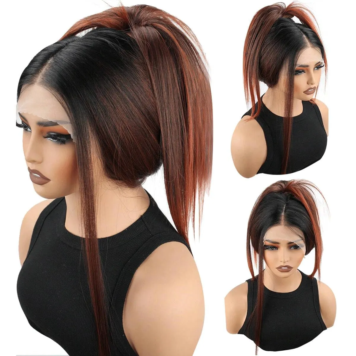 30Inch Synthetic Lace Front Wig 13x4 HD Lace Ombre Reddish Brown with Black Root Long Straight Wigs Heat Resistant Fiber Glueless Synthetic Wigs for Black Women (RH2/10/350)