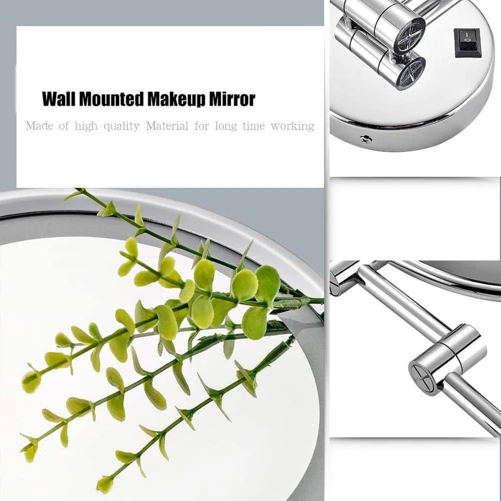 8 Inch LED Lighted Wall Mounted Makeup Mirror with Magnification, Double Sided Swivel Vanity Mirror for Bathroom, 360 Degree Rotation, Flexible Gooseneck, and Locking Suction(Bright Silver,3x)