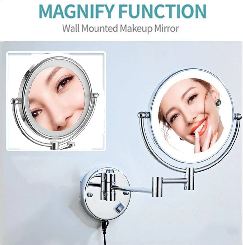 8 Inch LED Lighted Wall Mounted Makeup Mirror with Magnification, Double Sided Swivel Vanity Mirror for Bathroom, 360 Degree Rotation, Flexible Gooseneck, and Locking Suction(Bright Silver,3x)