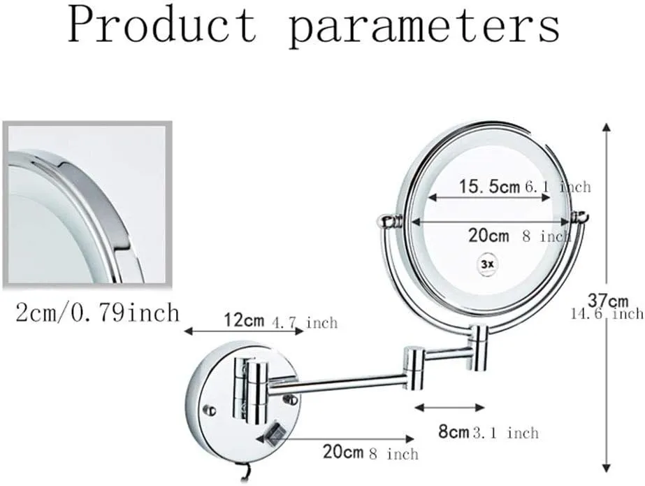 8 Inch LED Lighted Wall Mounted Makeup Mirror with Magnification, Double Sided Swivel Vanity Mirror for Bathroom, 360 Degree Rotation, Flexible Gooseneck, and Locking Suction(Bright Silver,3x)