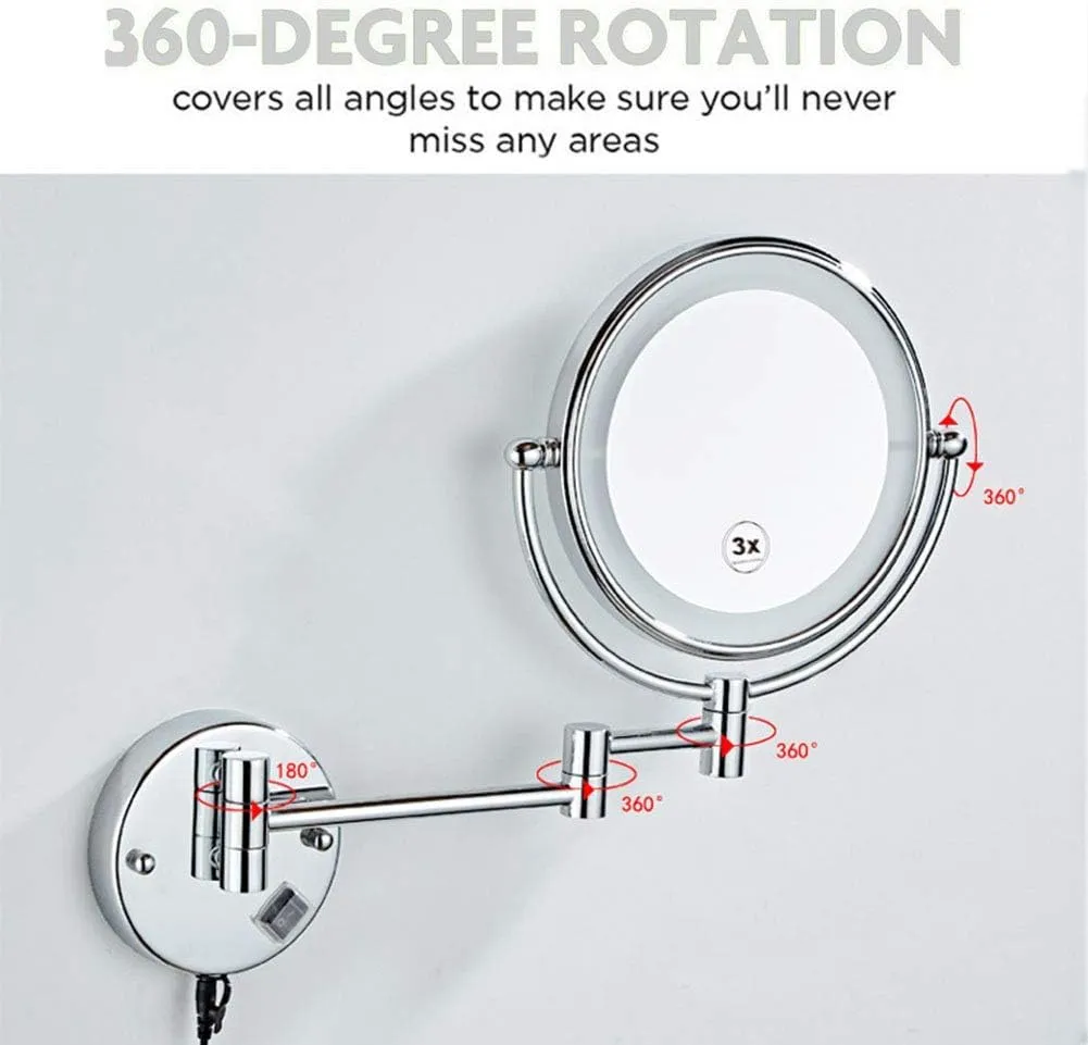 8 Inch LED Lighted Wall Mounted Makeup Mirror with Magnification, Double Sided Swivel Vanity Mirror for Bathroom, 360 Degree Rotation, Flexible Gooseneck, and Locking Suction(Bright Silver,3x)