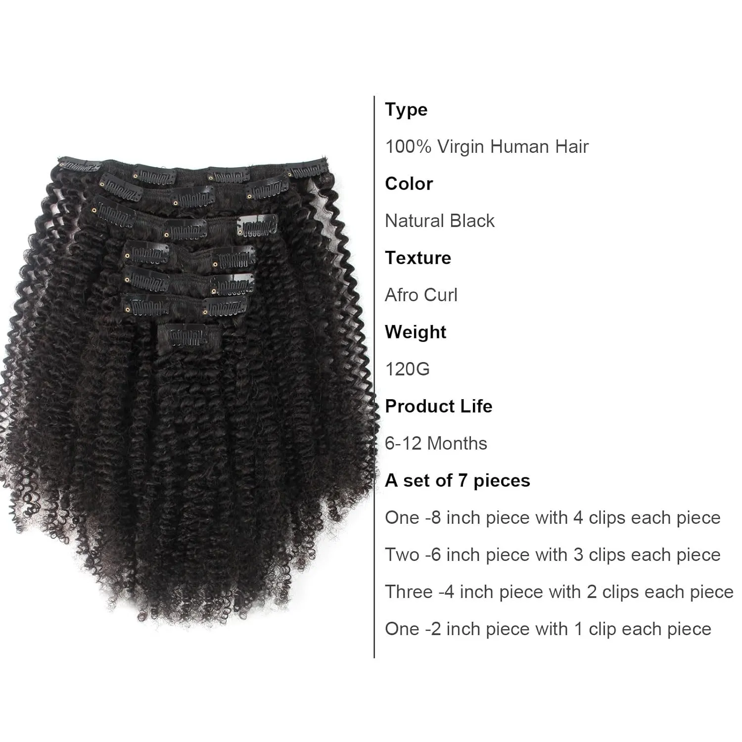 ABH AMAZINGBEAUTY HAIR Afro Curly Clip in Hair Extensions Real Human Hair 4A 4B Curly Clip ins for Black Women 120g 7 Pieces 17 Clips, #1B Natural Black 12 Inch