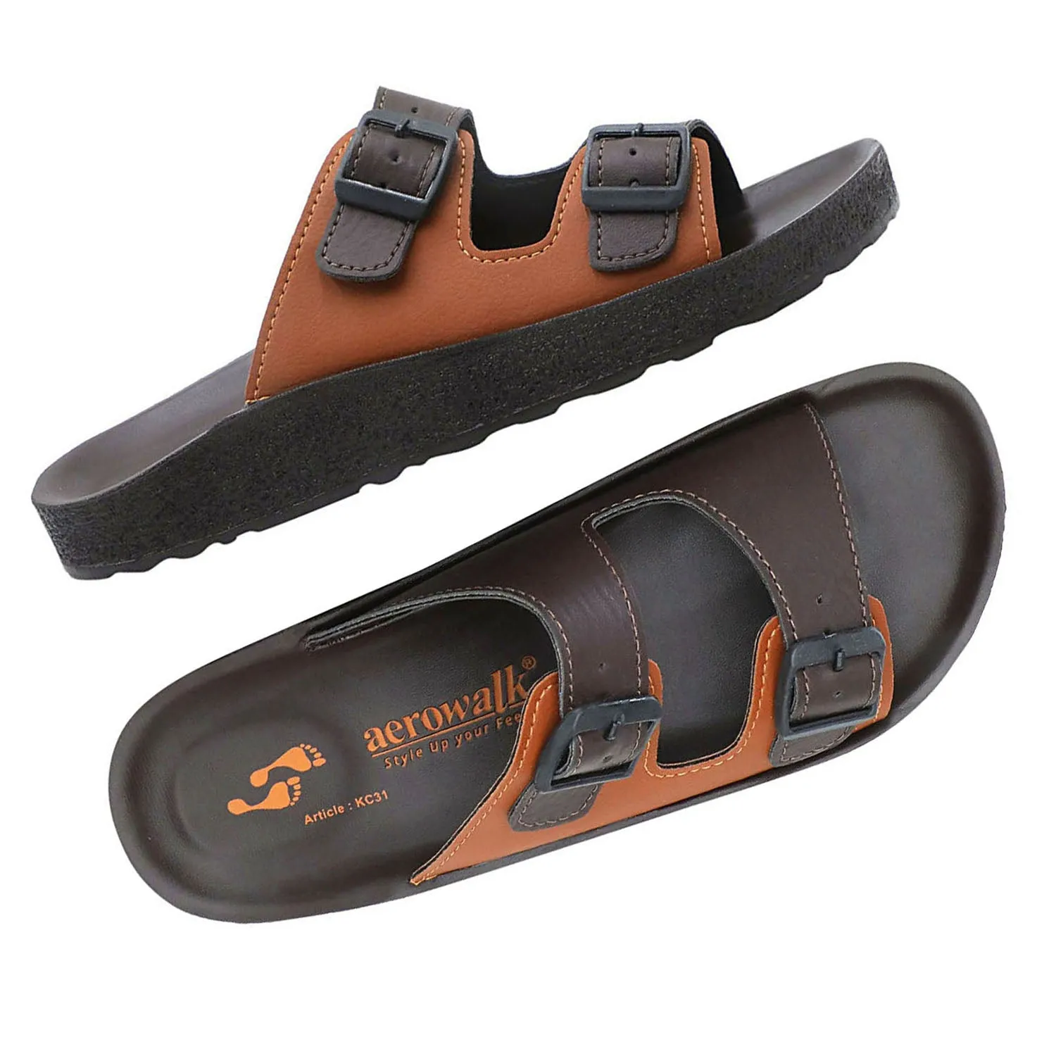 Aerowalk Men Brown & Tan Mule Shape Slipper with Double Buckle Styling (KC31_BROWN TAN)