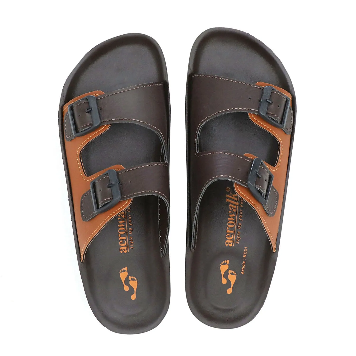 Aerowalk Men Brown & Tan Mule Shape Slipper with Double Buckle Styling (KC31_BROWN TAN)