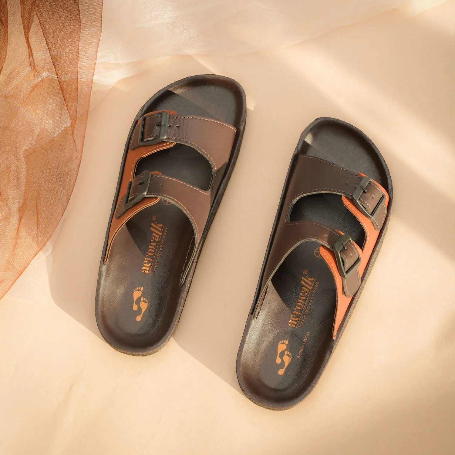 Aerowalk Men Brown & Tan Mule Shape Slipper with Double Buckle Styling (KC31_BROWN TAN)