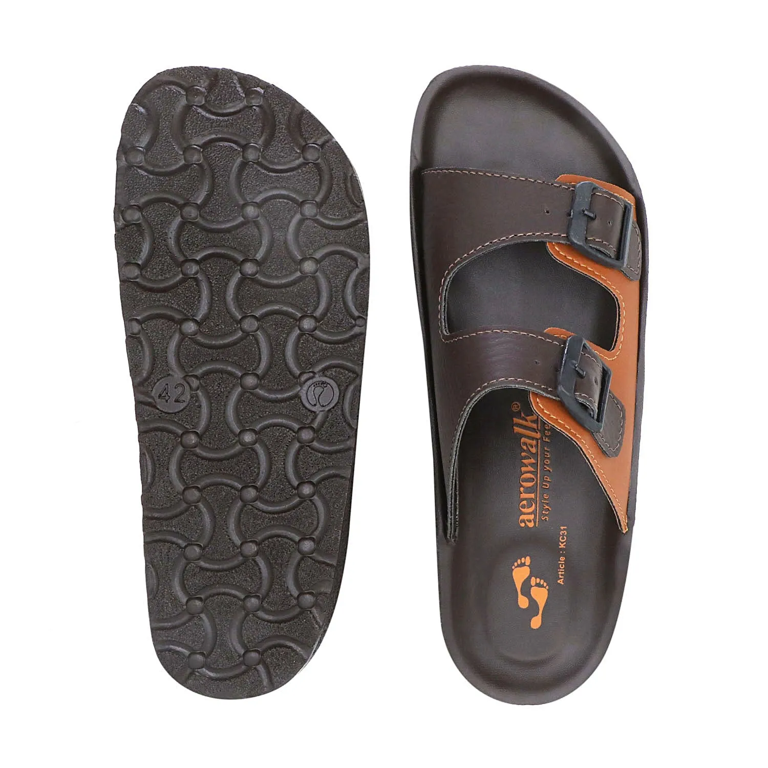 Aerowalk Men Brown & Tan Mule Shape Slipper with Double Buckle Styling (KC31_BROWN TAN)