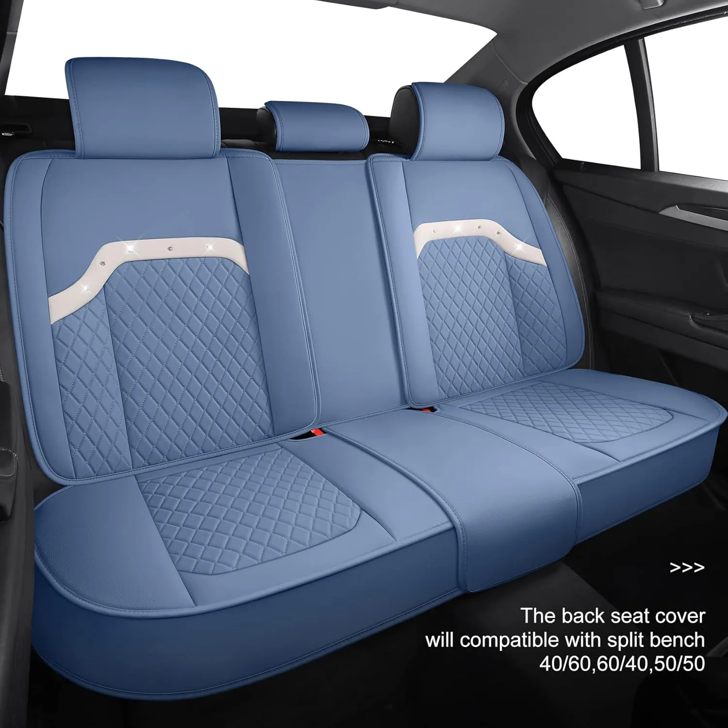 Aierxuan Diamond Bling Seat Covers for Women Waterproof Leather Universal for Nissan Altima Rogue Murano Xterra Frontier Honda Civic Toyota Camry Kia Soul Chevy Malibu Lexus(Full Set, Blue)