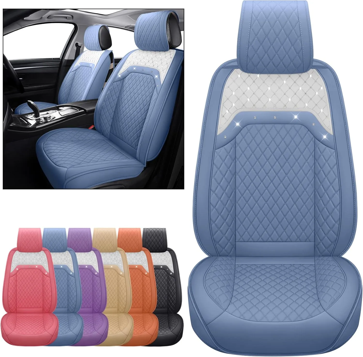 Aierxuan Front Seat Covers for Women Waterproof Leather with Bling Diamond Universal Fit for Accord Kia Corolla Camry Ford Escape Buick Encore Cadillac CTS CT6 SRX(2PCS Front, Blue)