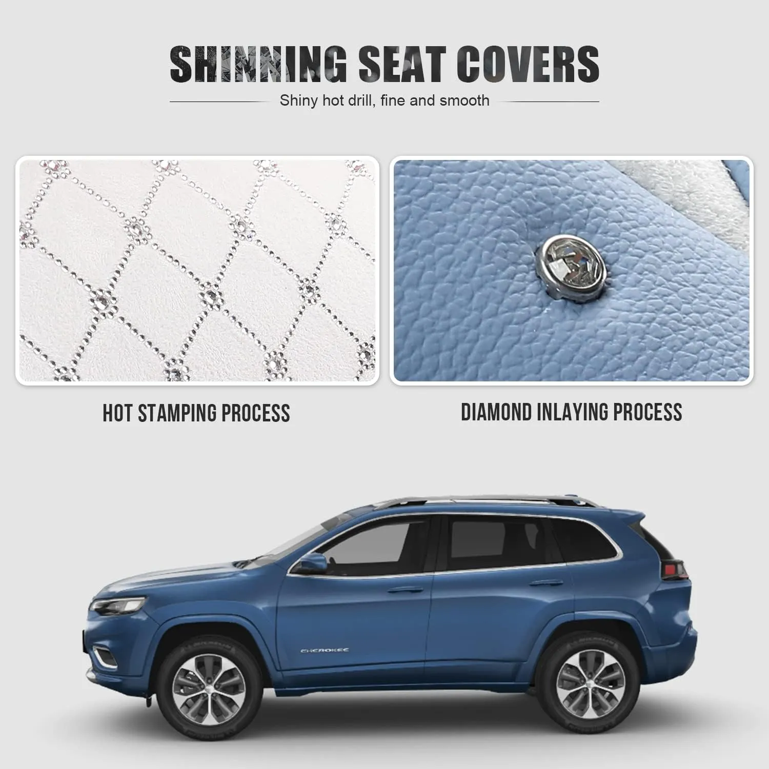 Aierxuan Front Seat Covers for Women Waterproof Leather with Bling Diamond Universal Fit for Accord Kia Corolla Camry Ford Escape Buick Encore Cadillac CTS CT6 SRX(2PCS Front, Blue)