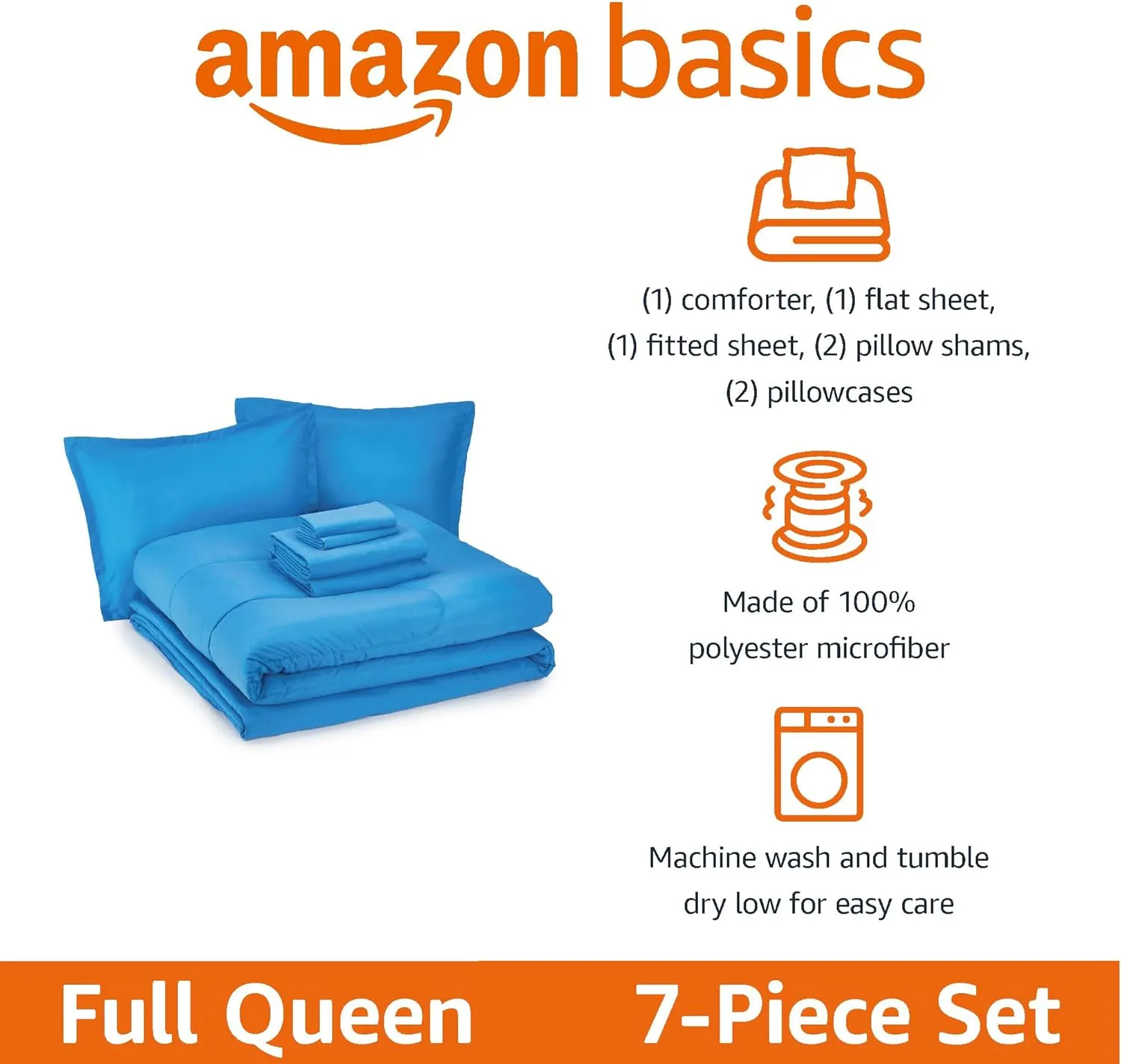 Amazon Basics 7 Piece Microfiber Kid's Bed-in-a-Bag Bedding Set, Full/Queen, Blue, Soft Solid