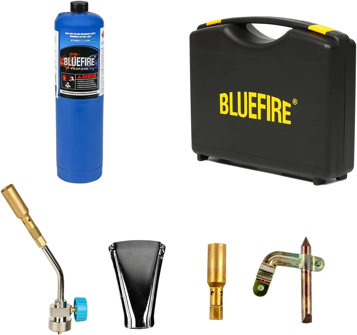 BLUEFIRE Solid Brass Pencil Flame Gas Welding Torch Head Nozzle Professional Upgrade Kit with Propane All-Purpose Bundle with Hard Box Interchangeable heads Fuel by MAPP MAP Pro CGA 600 Cylinder