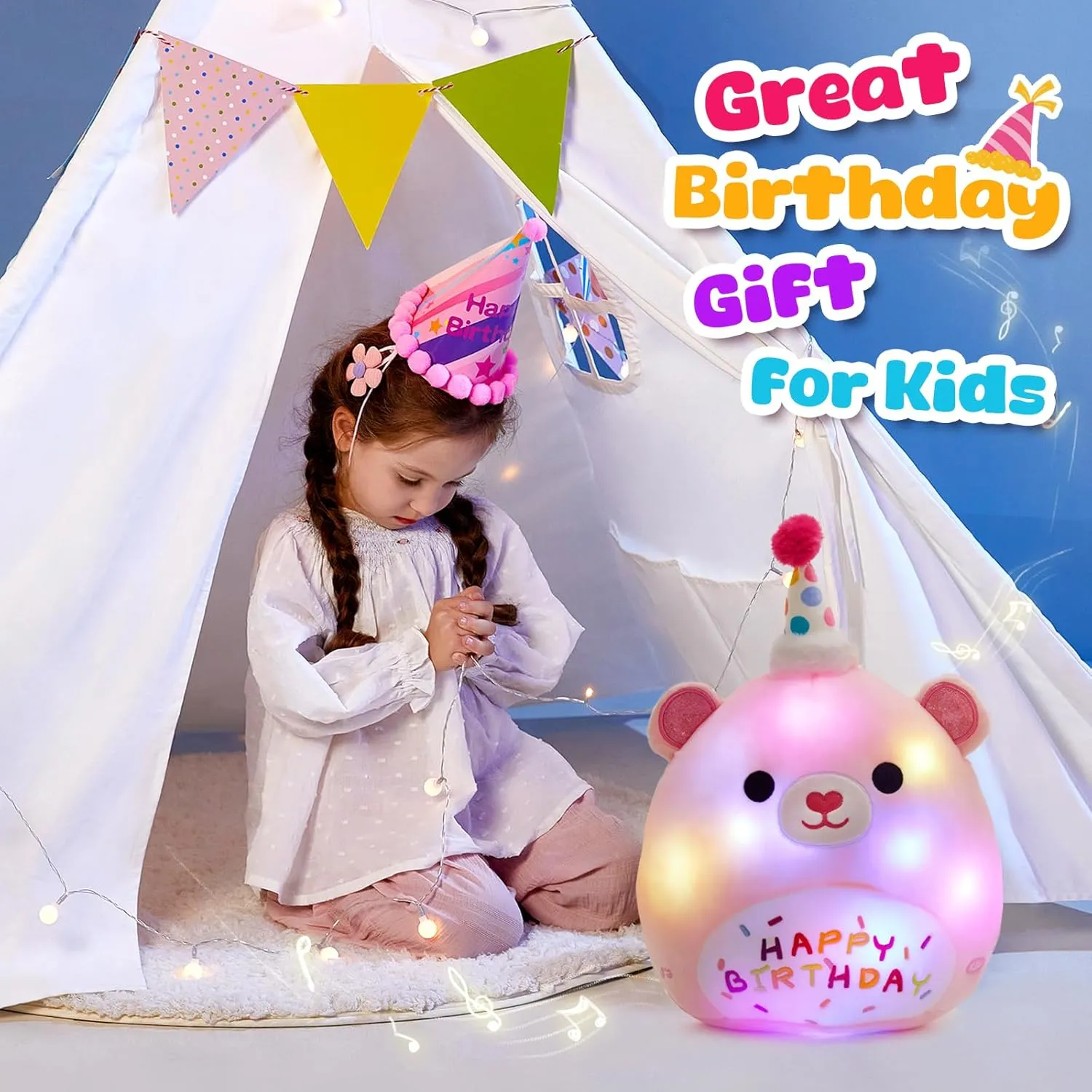 BSTAOFY Light up Music Happy Birthday Teddy Bear Soft Plush Pillow Birthday Stuffed Animal Bear Birthday Gift for Toddler Kids Girls, 14''