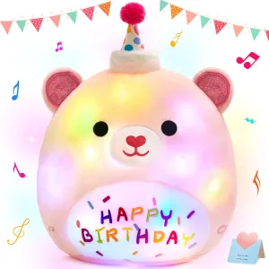 BSTAOFY Light up Music Happy Birthday Teddy Bear Soft Plush Pillow Birthday Stuffed Animal Bear Birthday Gift for Toddler Kids Girls, 14''