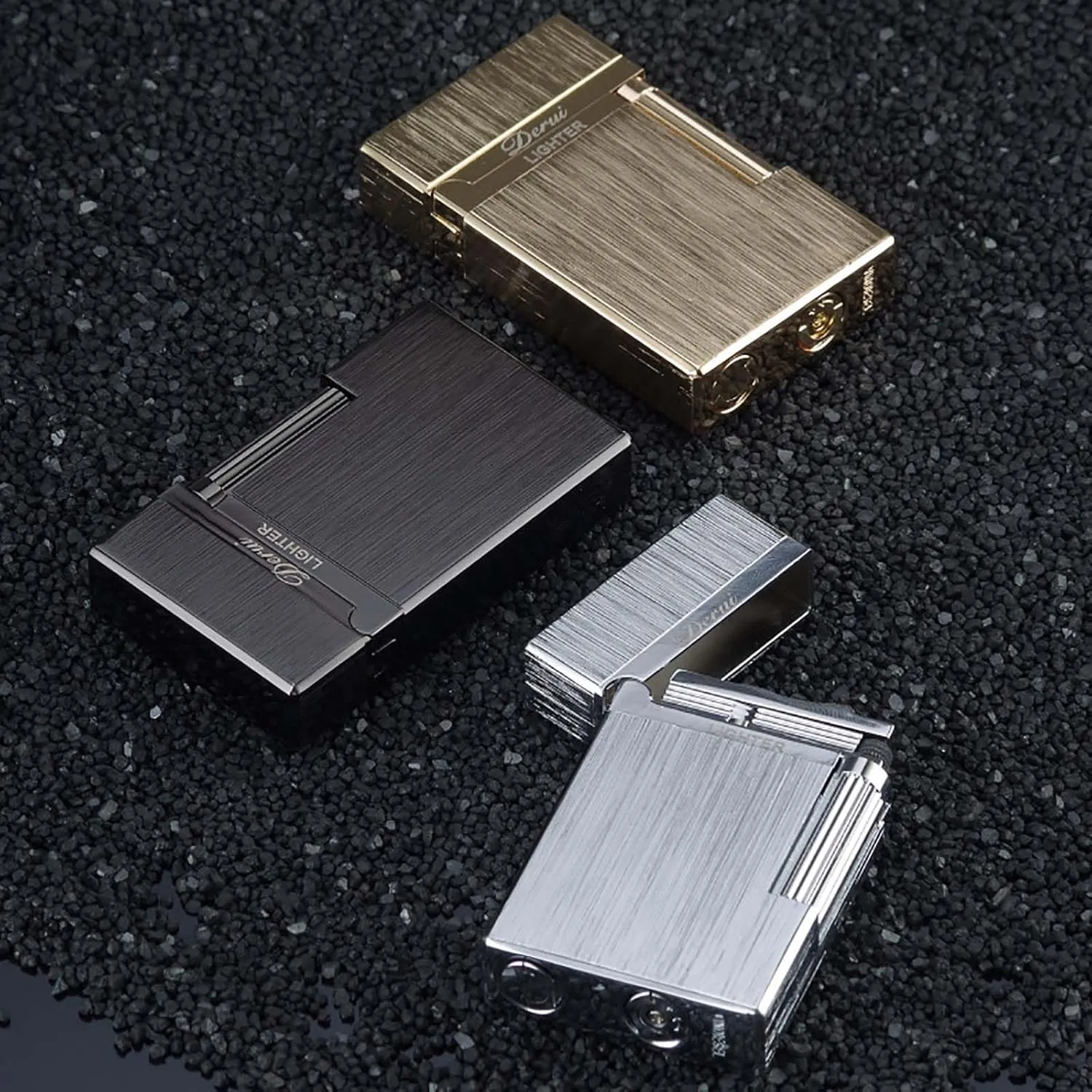 Classic Lighter, Butane Brushed Metal Lighter, Side Slide Lgnition Steel Tone Trench Lighter for Men Dad Husband Gift Collect,Black