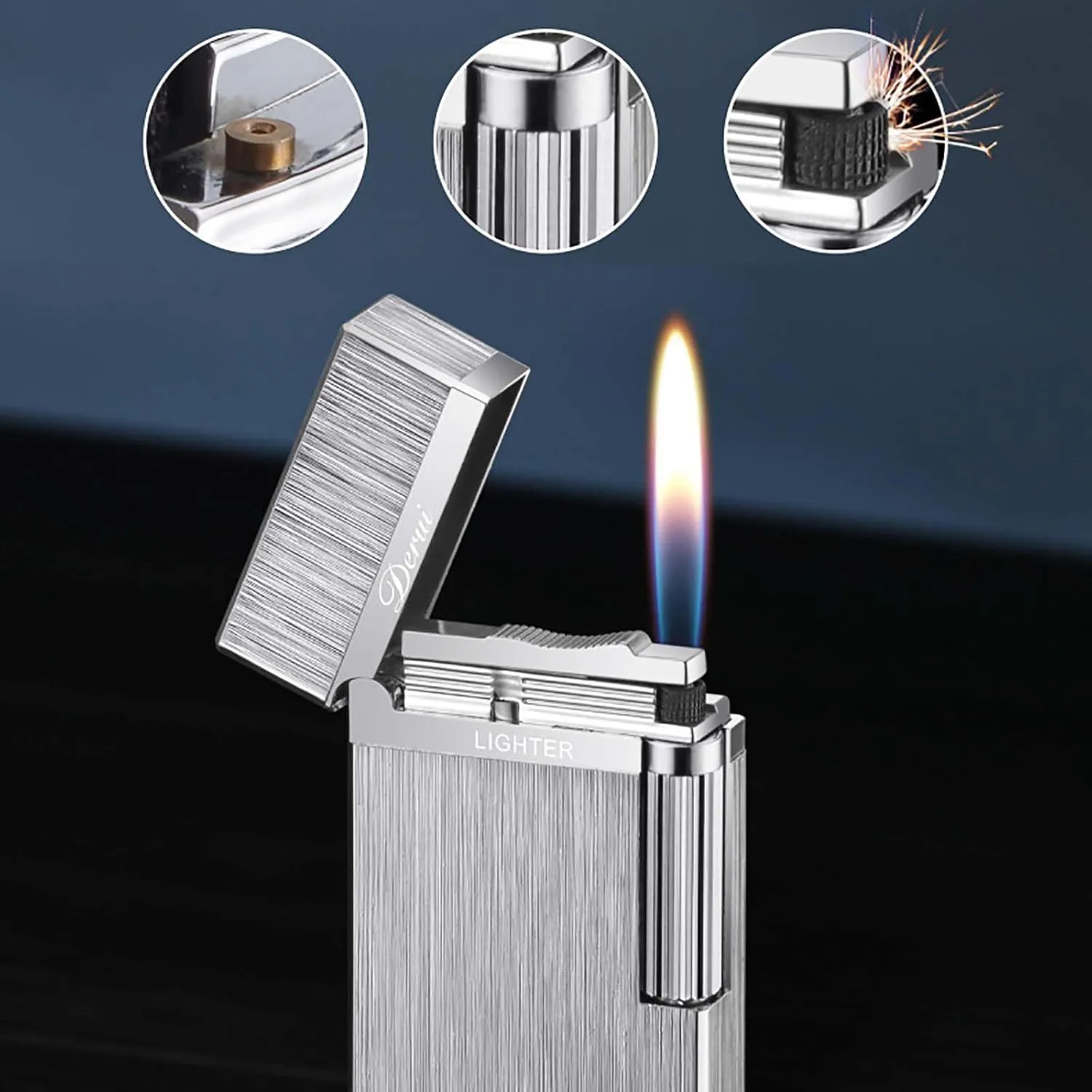 Classic Lighter, Butane Brushed Metal Lighter, Side Slide Lgnition Steel Tone Trench Lighter for Men Dad Husband Gift Collect,Black