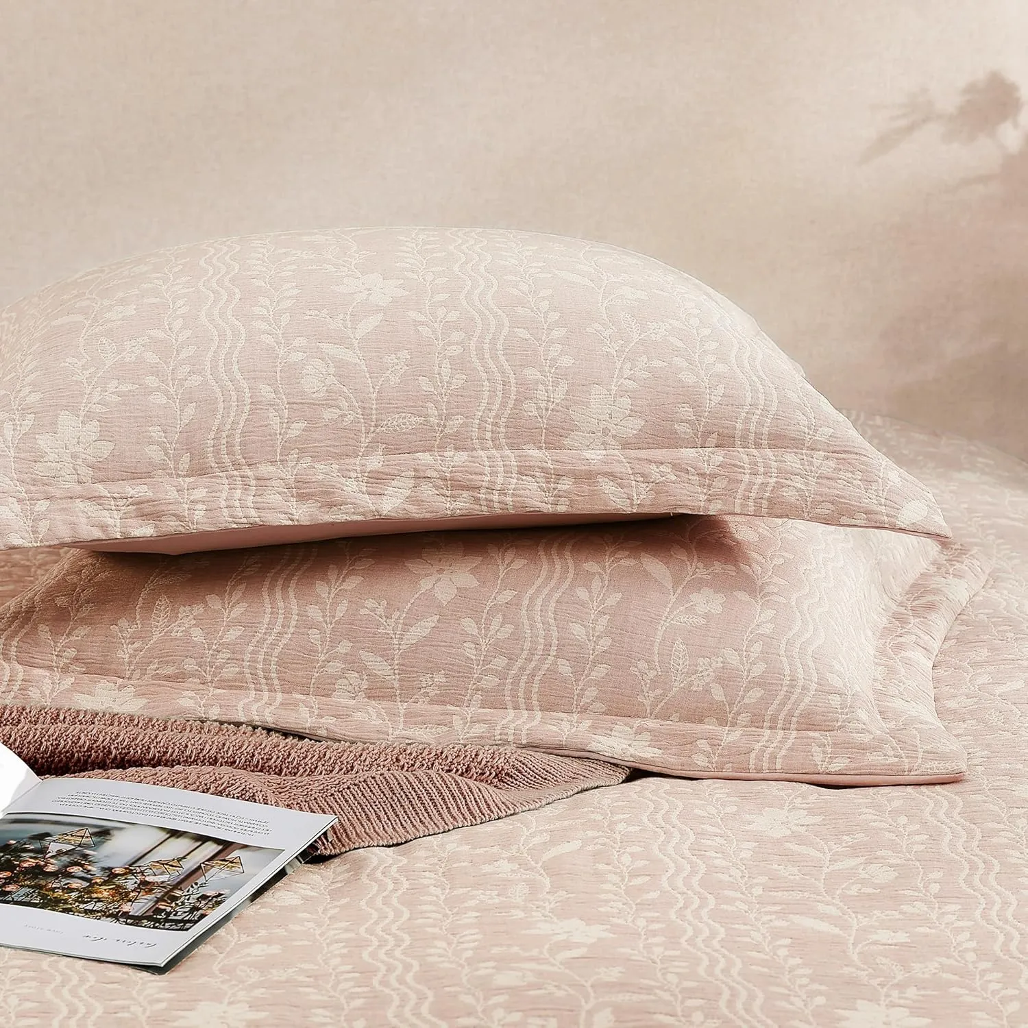 Comforter Set Queen Size - 7 Pieces Floral Almond Pink Bedding for All Seasons, Farmhouse Shabby Chic Embroidery Bed Set, Soft Jacquard Queen Comforter Set with Sheets, Pillowcases & Shams