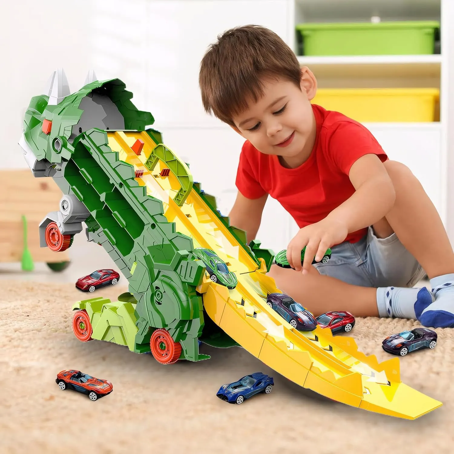 Dinosaur Transporter Truck Foldable Sliding Race Track Toy with 8 Toy Cars for Kids Age 3 4 5 6 7 8 (Green)