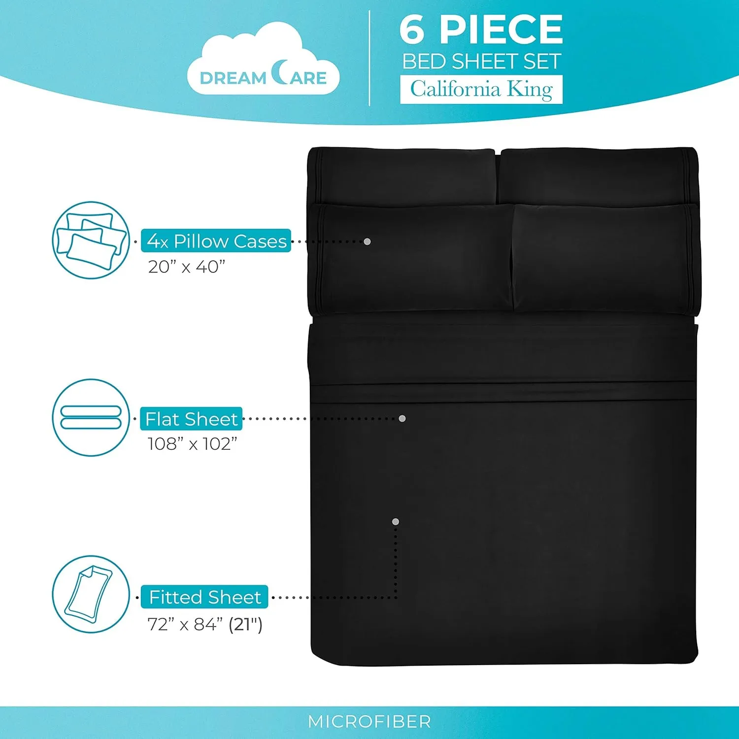 DREAMCARE California King Sheet Sets – 6 pcs Cooling Bed Sheets – up to 21” Deep Cal King Sheets – 2500 Supreme Collection – Extra Soft 100% Brushed Microfiber Hotel Luxury with Side Pocket – Black