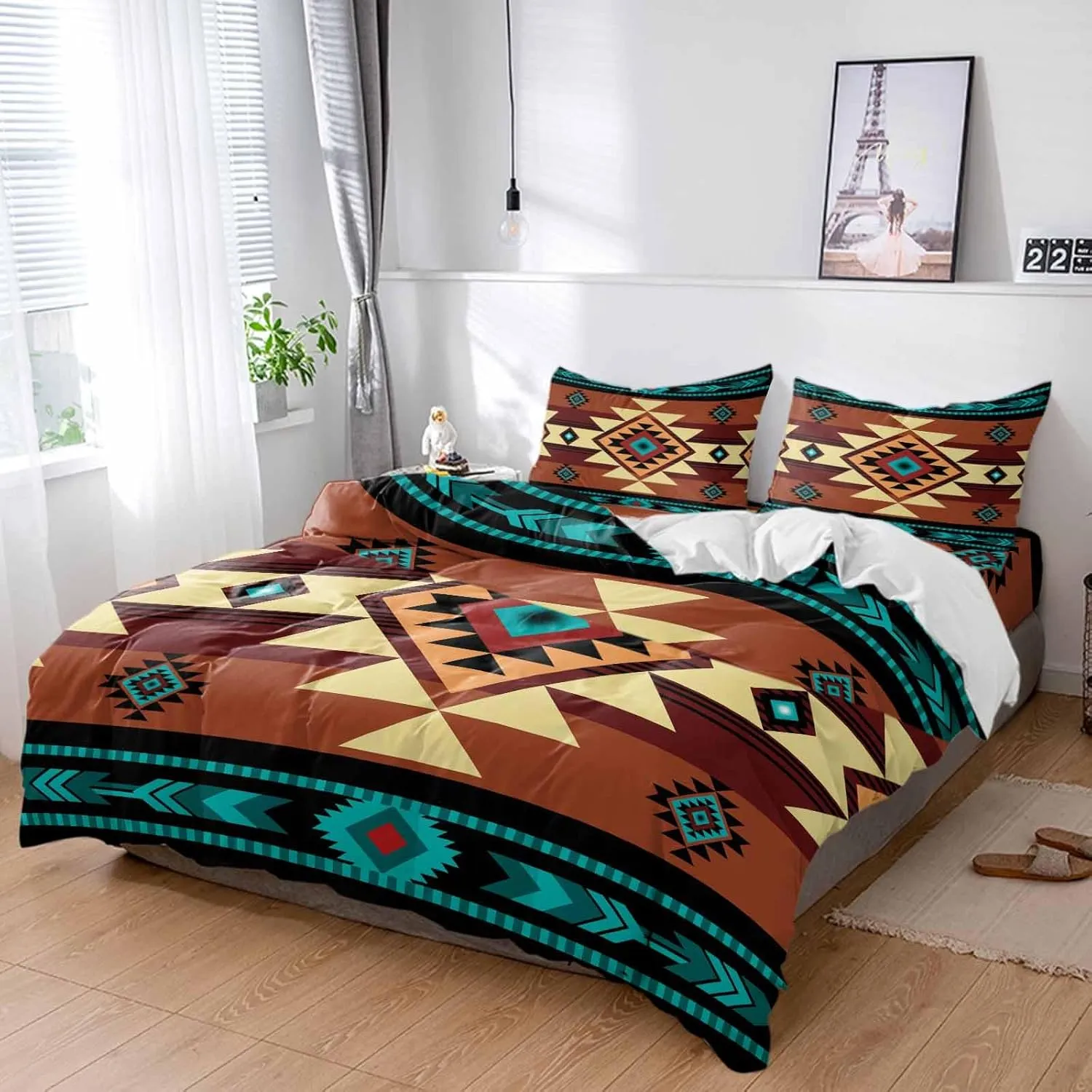 Duvet Cover Set-4 Pieces Twin Bedding Sets Retro Turquoise Ethnic Textile Texture,Ultra Soft Microfiber Comforter Cover with Pillow Shams Bed Flat Sheet for Bedroom Decor Abstract Native