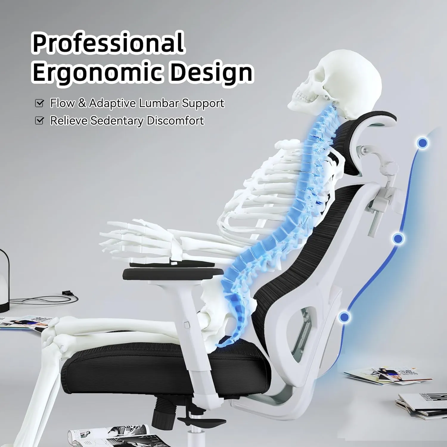 Ergonomic Office Chair Big Tall Reclining Gaming Chair Adjustable Lumbar Support 2D Armrest 6D Headrest Breathable Mesh Swivel Computer Chairs Home Task Desk Chair Coat Hanger Tilt Lock Black White