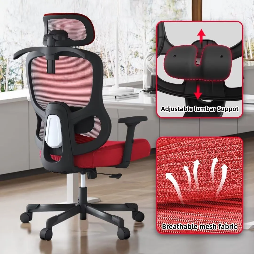 Ergonomic Office Chair Big Tall Reclining Gaming Chair Adjustable Lumbar Support 2D Armrest 6D Headrest Breathable Mesh Swivel Computer Chairs Home Task Desk Chair Coat Hanger Tilt Lock (Red)
