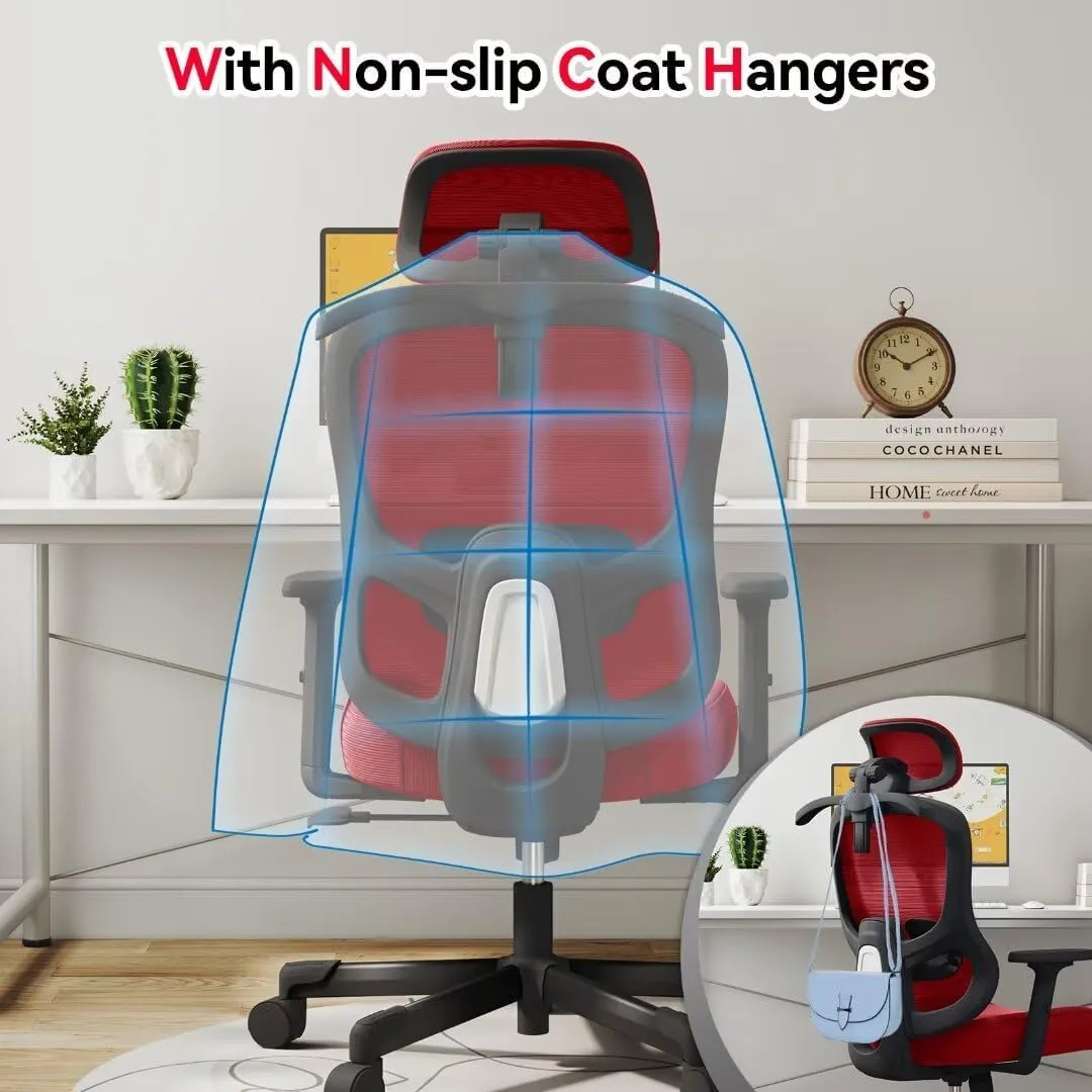 Ergonomic Office Chair Big Tall Reclining Gaming Chair Adjustable Lumbar Support 2D Armrest 6D Headrest Breathable Mesh Swivel Computer Chairs Home Task Desk Chair Coat Hanger Tilt Lock (Red)