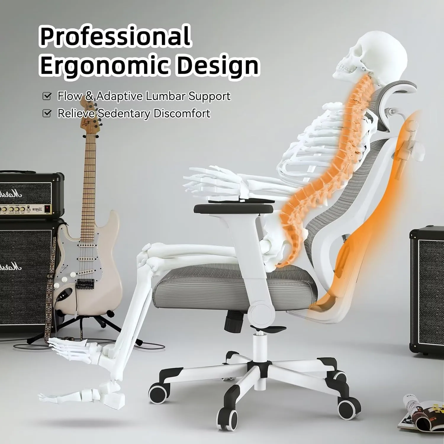 Ergonomic Office Chair Reclining Gaming Chair Adjustable Lumbar Support 4D Armrest 6D Headrest Breathable Mesh Swivel Computer Chairs Home Studio Chairs Desk Chair Coat Hanger Tilt Lock (Grey)