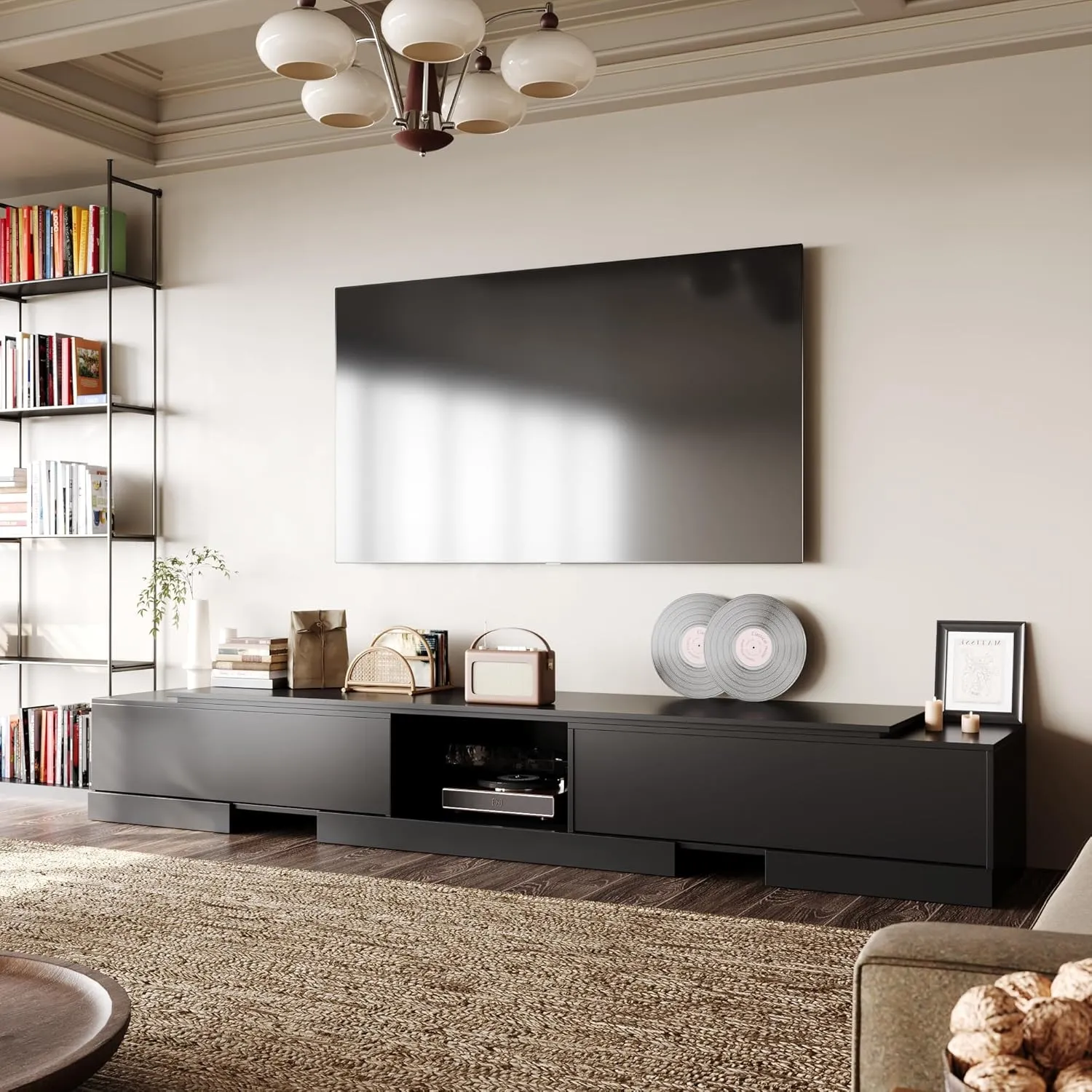 Extendable TV Stand with 2 Drawers, Modern TV Console Table with Shelf, Media Console Table Entertainment Center for Living Room Black 15.3”D x 63-93.7”W x 11.8”H