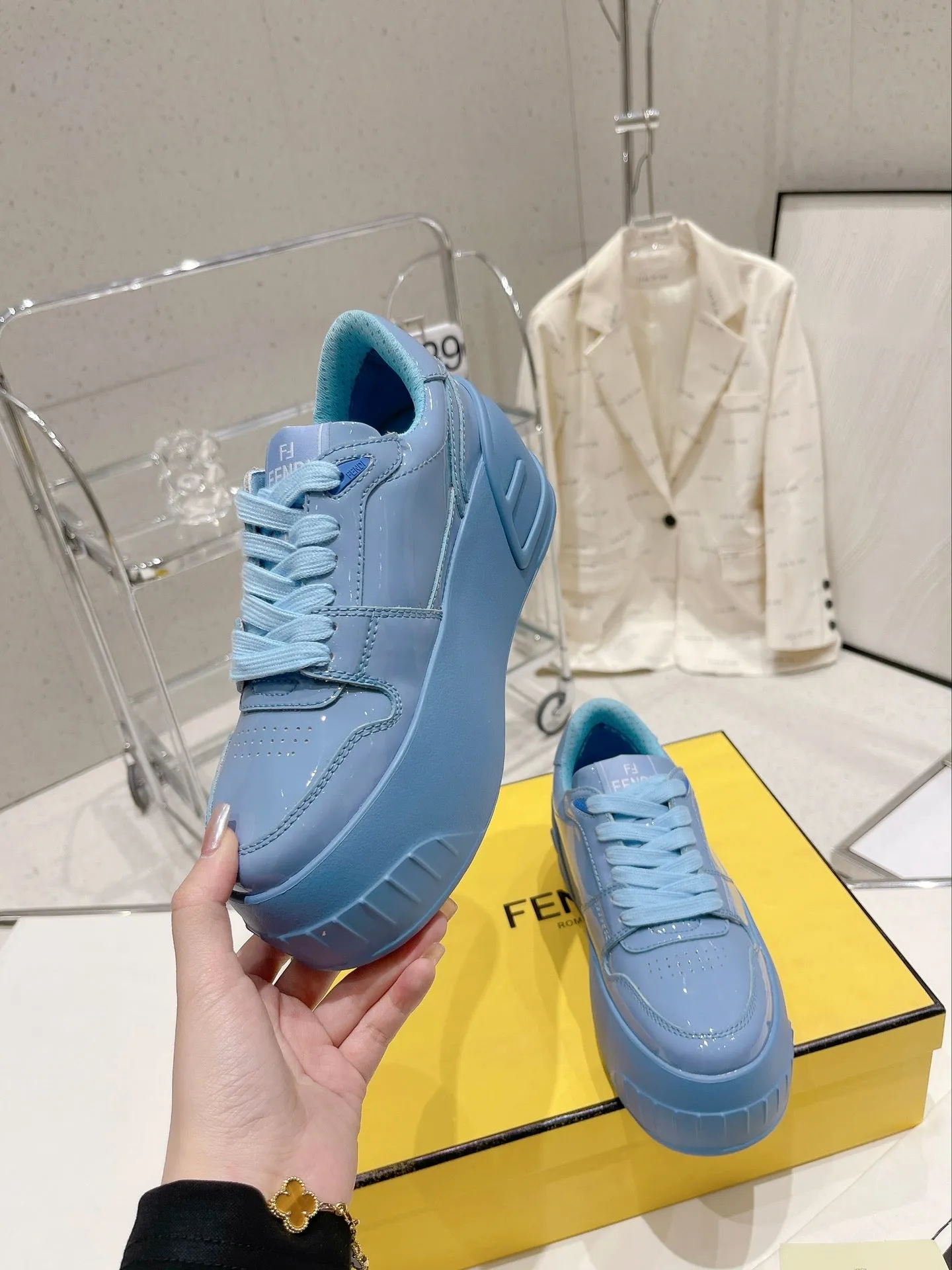 FENDI BLUE Cost-efficient Vibrant FENDI TRAINER IN CERULEAN LOW-TOP CALFSKIN