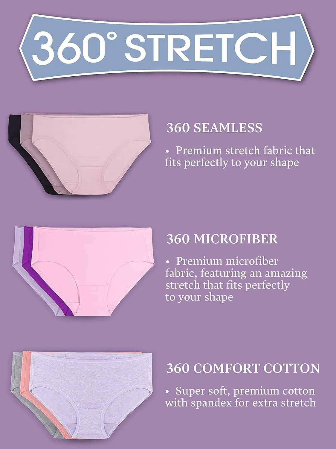 Fruit of the Loom Women's 360 Underwear, High Performance Stretch for Effortless Comfort, Available in Plus Size