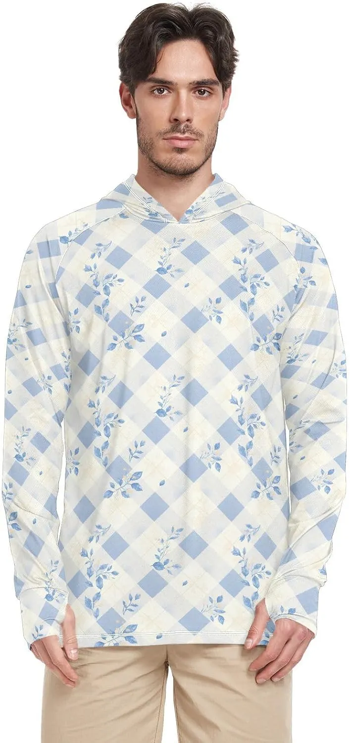 Gingham Men's Sun Shirt Hoodie Long Sleeve UPF 50   Mens Sun Shirts Active Wear UV Rashguard for Men