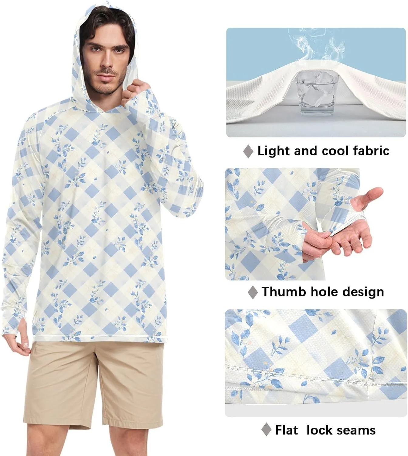 Gingham Men's Sun Shirt Hoodie Long Sleeve UPF 50   Mens Sun Shirts Active Wear UV Rashguard for Men