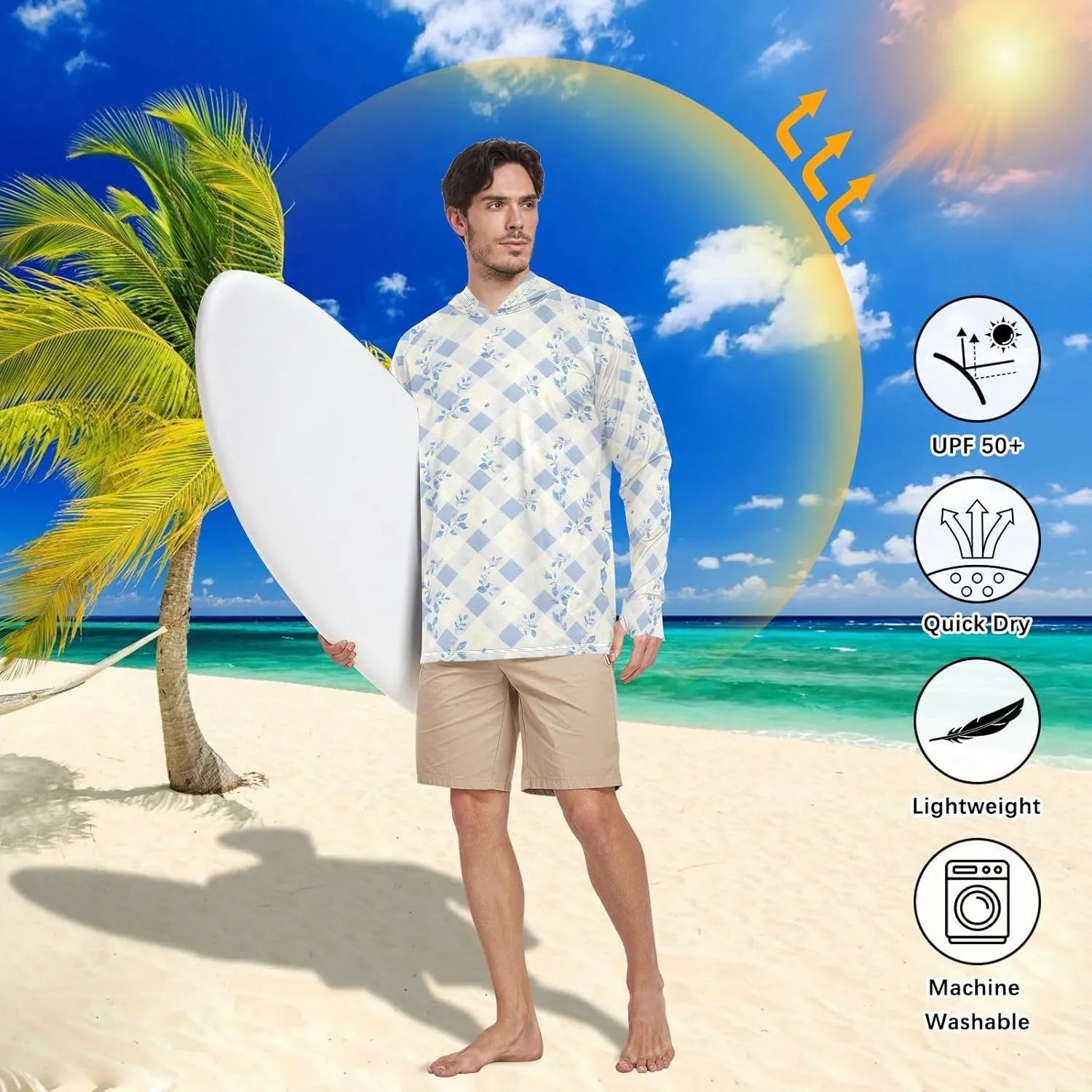 Gingham Men's Sun Shirt Hoodie Long Sleeve UPF 50   Mens Sun Shirts Active Wear UV Rashguard for Men