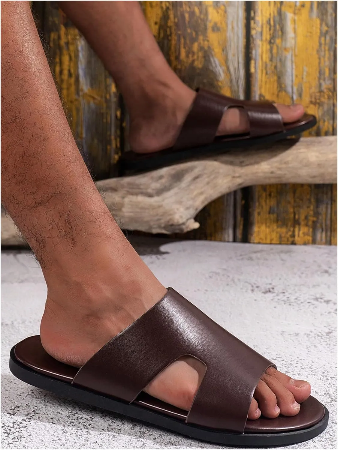 GORGLITTER Men's Summer Beach Leather Sandals Footwear Criss Cross Pu Leather Slide Slippers