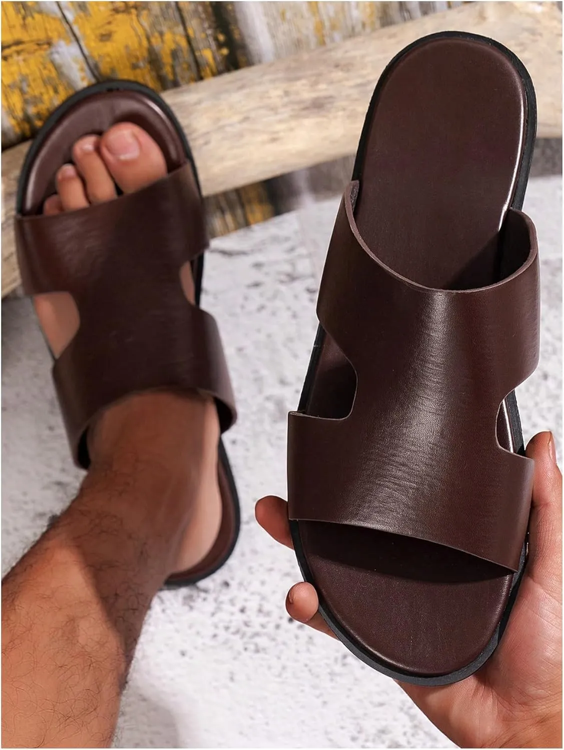 GORGLITTER Men's Summer Beach Leather Sandals Footwear Criss Cross Pu Leather Slide Slippers