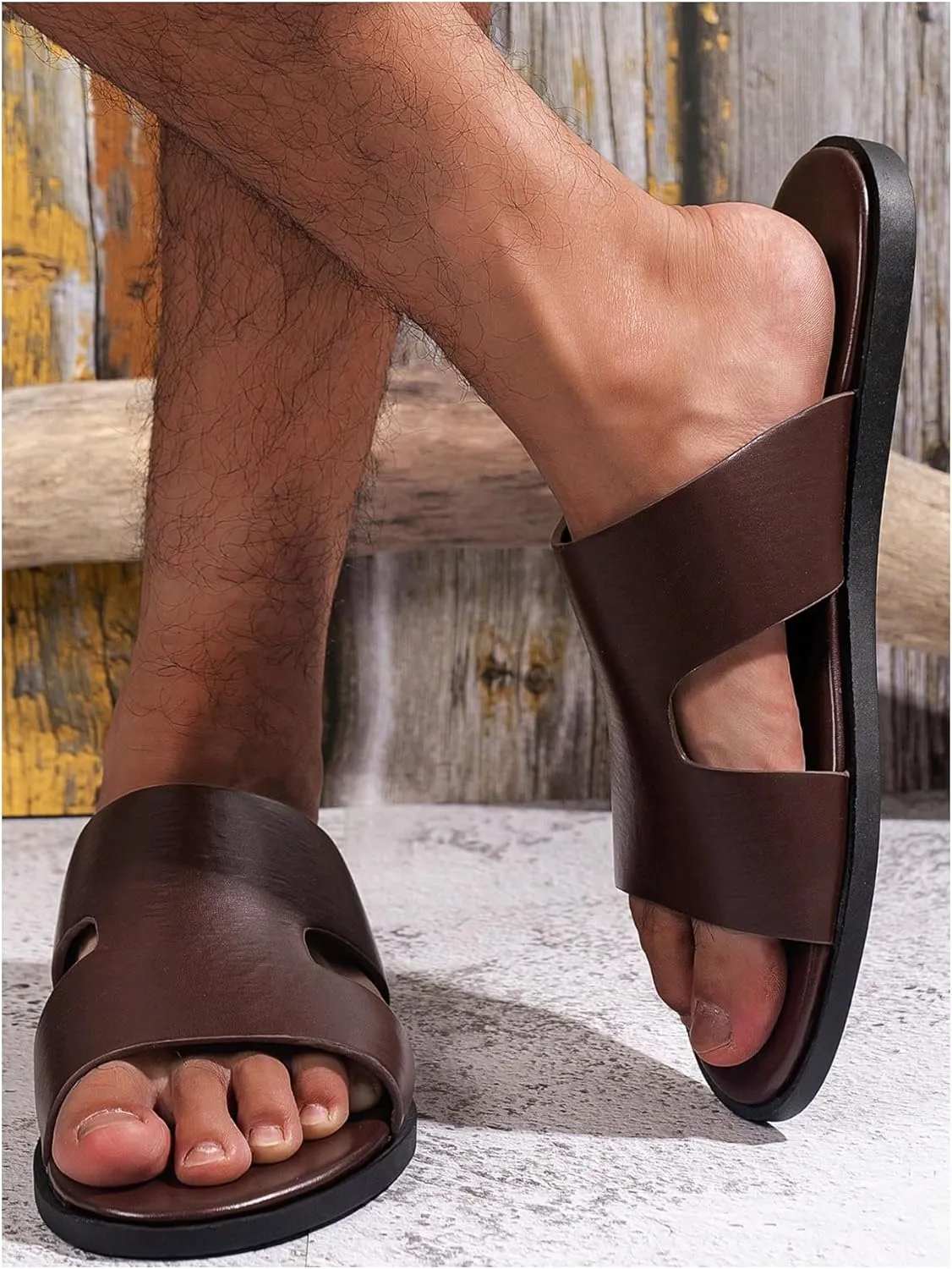 GORGLITTER Men's Summer Beach Leather Sandals Footwear Criss Cross Pu Leather Slide Slippers