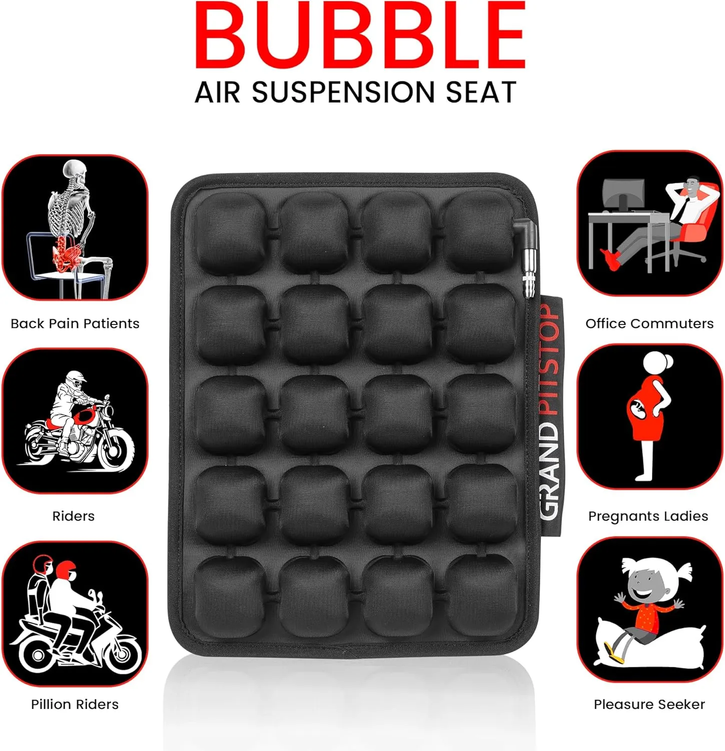 GRAND PITSTOP Motorcycle Air Seat Cushion with Inflatable Bubble Air Pads with Breathable Mesh Cover & Non-Skid Bottom Compatible for Pillion seat of Motorcycle
