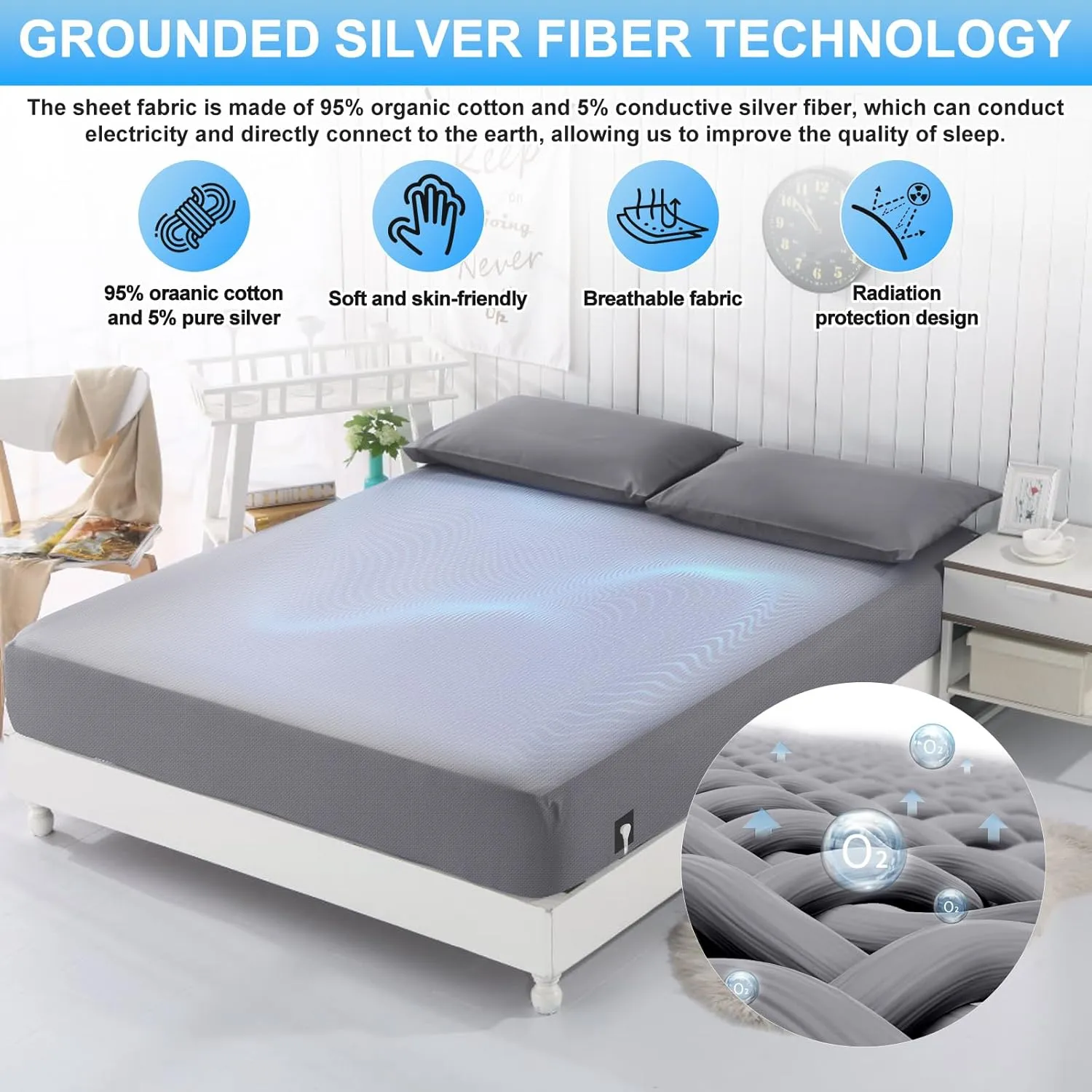 Grounding Sheets for Earthing Full Size, Fitted Earthing Sheets Grounding Fitted Sheet for Improving Sleep, Better Working and Help with Anxiety, Organic Cotton & Silver Fiber, Grey