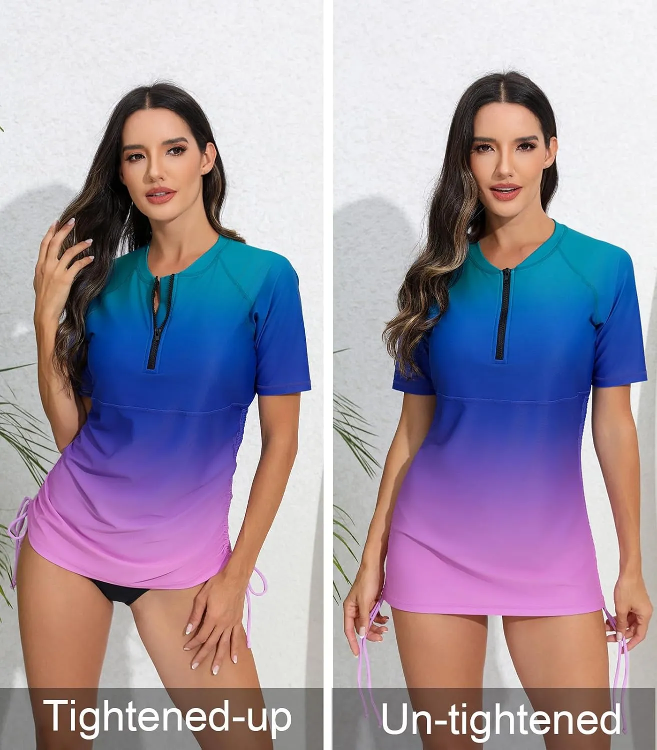Halcurt Women's Half Zip Short Sleeve Rash Guard Swim Top with Bra Drawstring Adjustable UPF50  Swimsuit