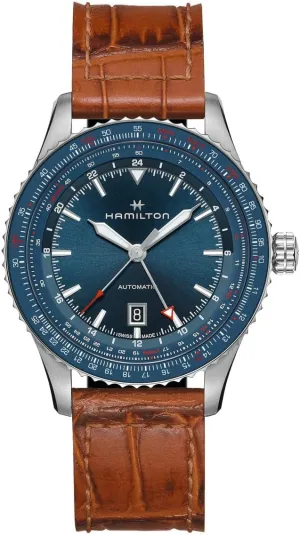 Hamilton Watch Khaki Aviation Converter Auto | Swiss Made | 42mm Stainless Steel Case | Blue Dial Analog Watch | Brown Leather Strap (Model: H76645540)