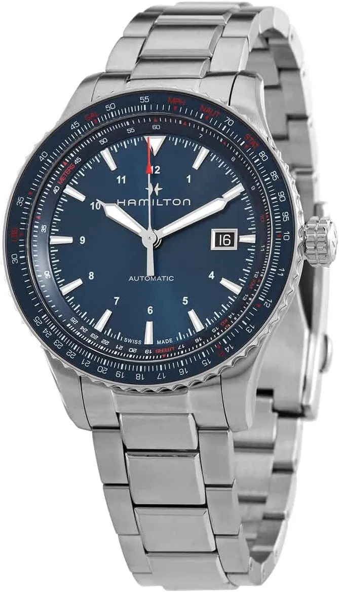 Hamilton Watch Khaki Aviation Converter Auto | Swiss Made | 42mm Stainless Steel Case | Blue Dial Analog Watch | Silver Stainless Steel Bracelet (Model: H76645140)