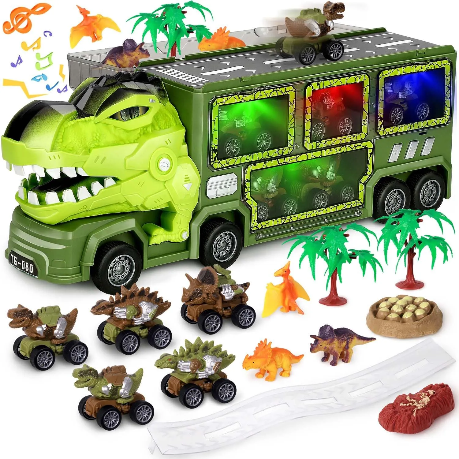 Hatisan Dinosaur Toys Truck for Kids 3-5 Years, Tyrannosaurus Dinosaur Truck Toy with 8 Dino Figures, Transport Cars, Activity Play Mat, Dinosaur Eggs for Kids Toddle Boys Girls(T-rex Dino)